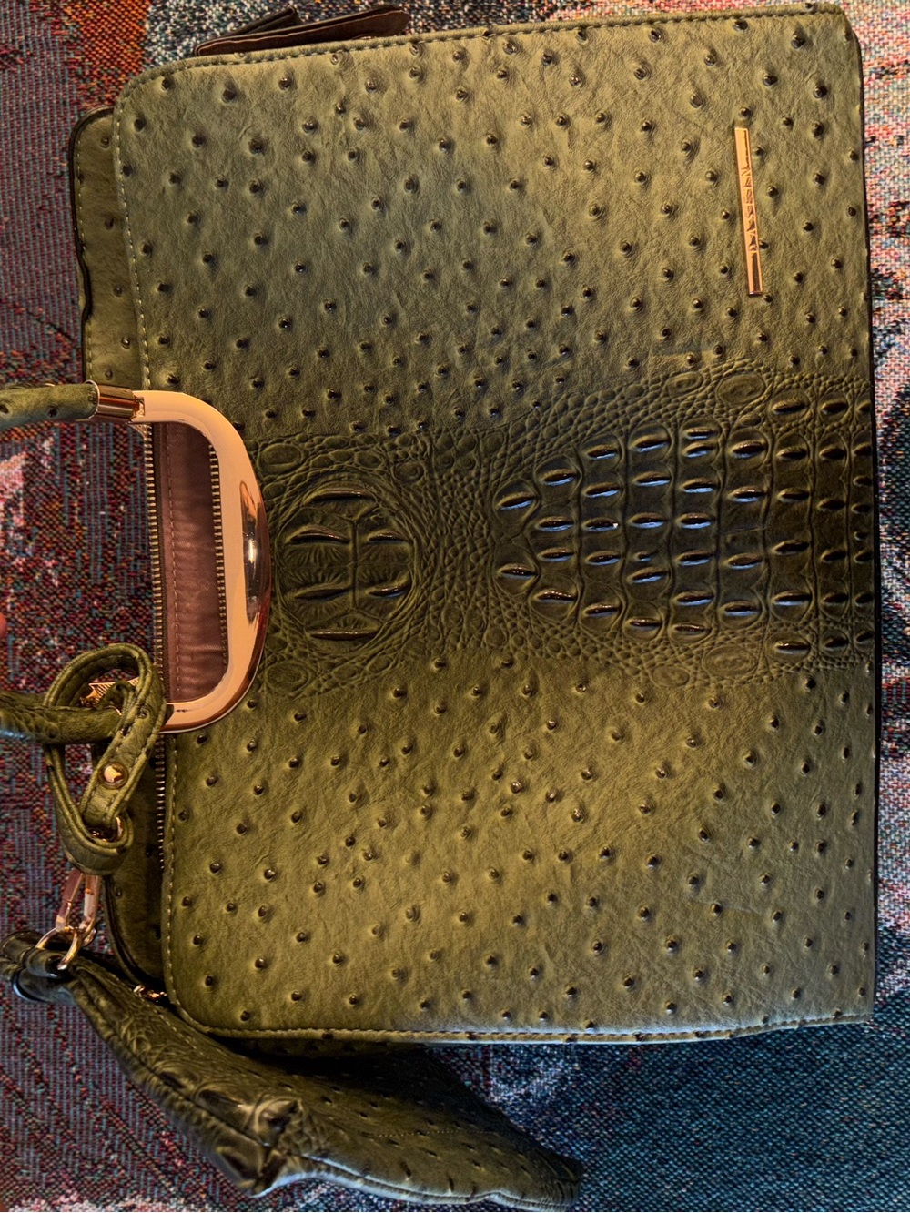 Olive Green Textured Satchel with Gold Accents